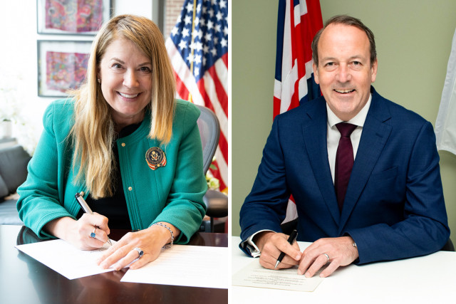 Side-by-side photos of USPTO director Kathi Vidal and UKIPO CEO Adam Williams signing the standard essential patents memorandum of understanding.